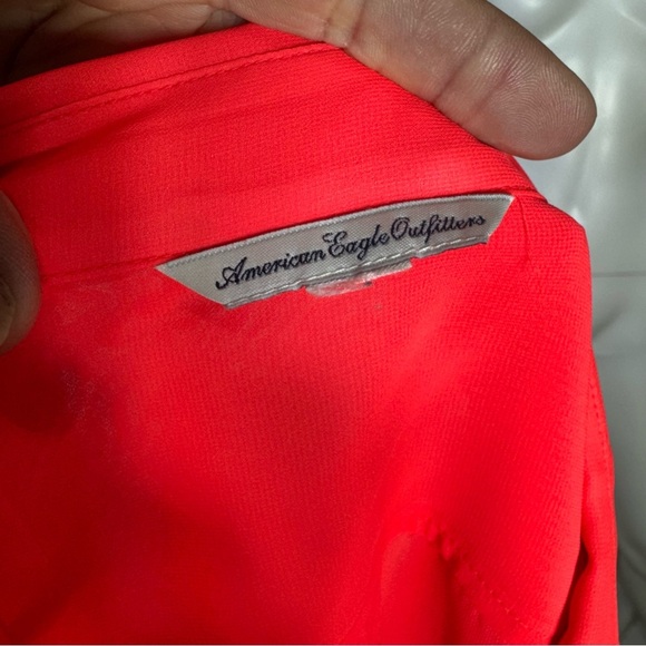 American Eagle Women’s Neon Coral Sheer Long Sleeve Button Down Blouse - Picture 5 of 7